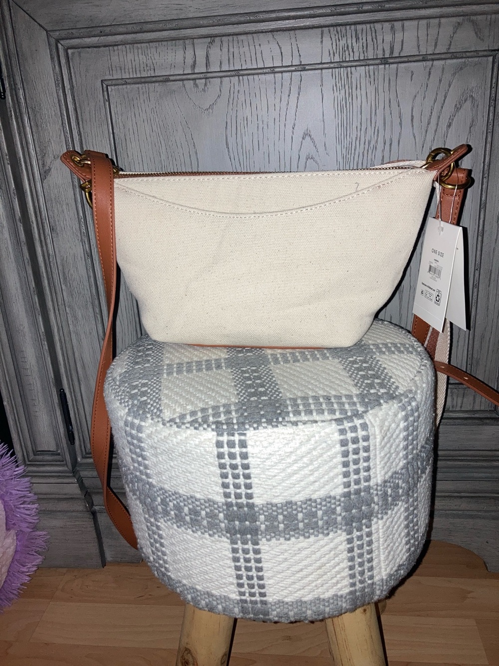 Cream Canvas Crossbody with Tan Strap